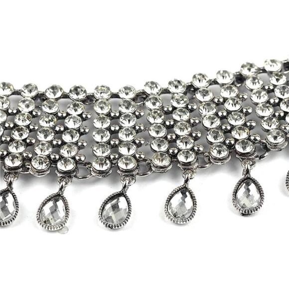 Silver Boho Crystal Rhinestone Choker Statement Necklace Chunky Tassel Jewelry - Picture 3 of 4